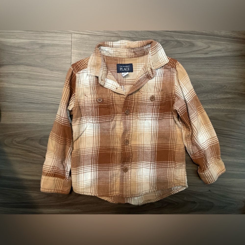 The Children's Place Brown and Tan Button Down Plaid Flannel Shirt size 2T